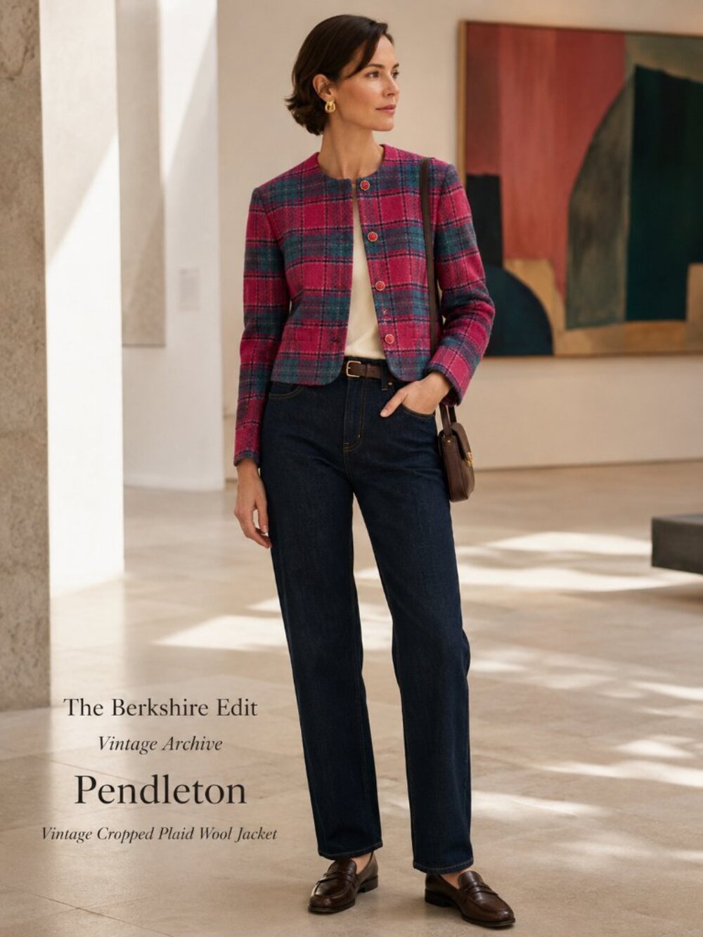 Vintage Pendleton Plaid Cropped Wool Jacket Pink Teal Jewel Buttons USA 10